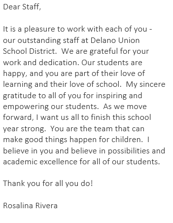  Dear Staff, It is a pleasure to work with each of you - our outstanding staff at DUESD